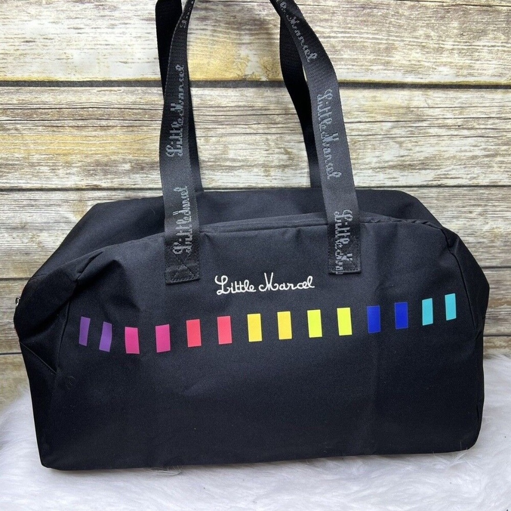 Little Marcel Black Nylon Rainbow Colorful Print Top Zip Shoulder Bag Duffel